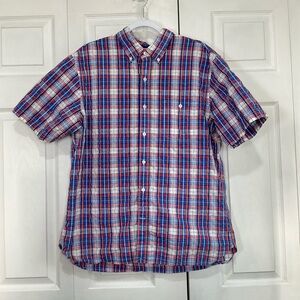 🍓 Lands’ End Traditional Fit Red White Blue Yellow Plaid Button Down Shirt Large